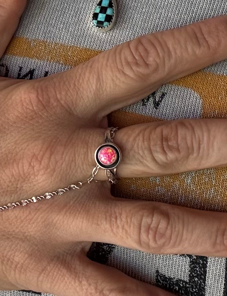 Hot Pink Fire Opal Navajo Ring - Size 8