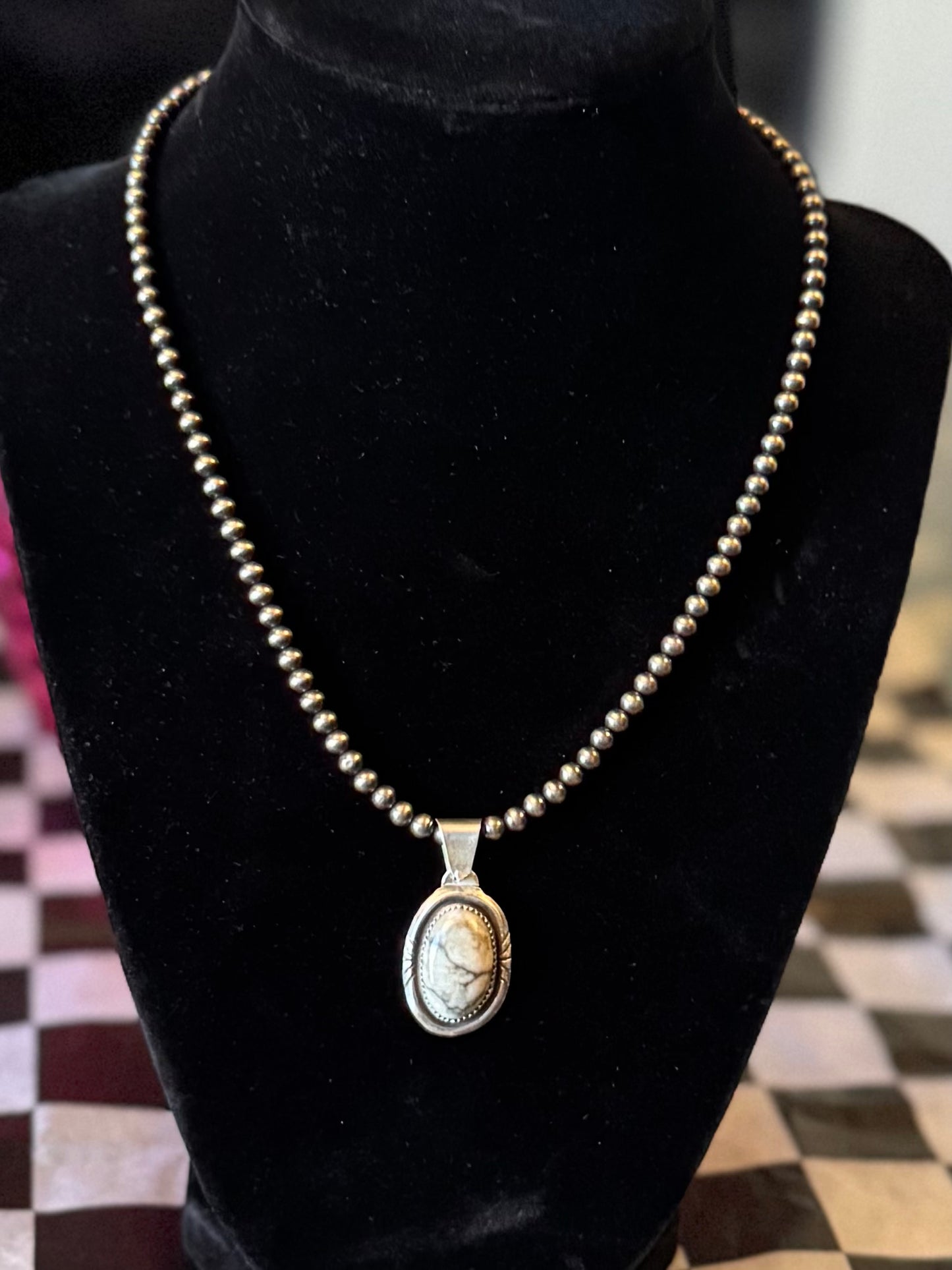 4mm Navajo Pearls with Oval White Buffalo Pendant