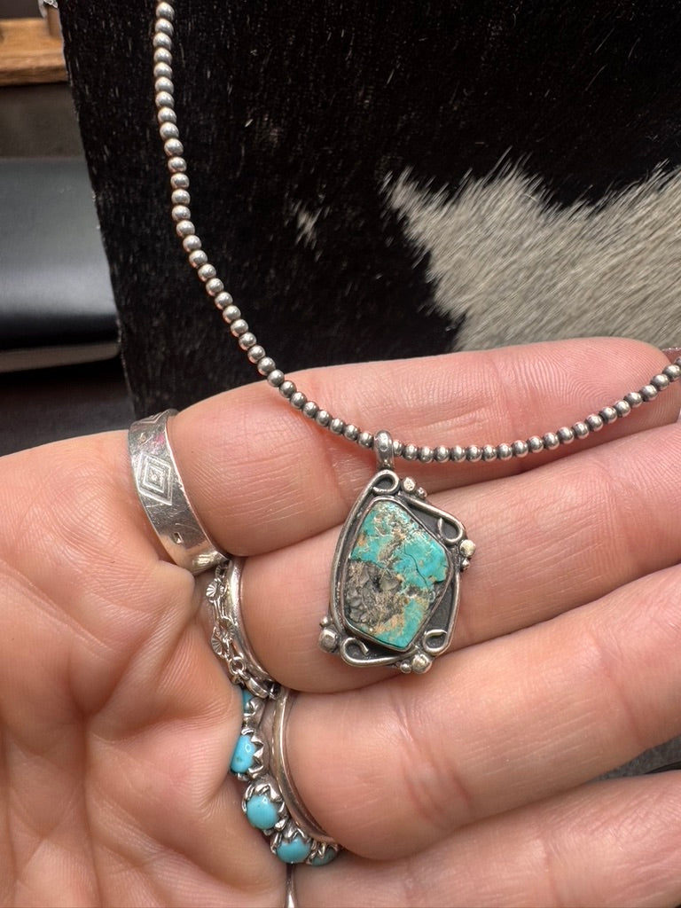 2mm Navajo Pearl Beads with Kingman Turquoise Pendant