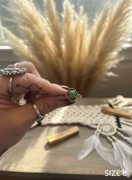 Floral Green Persian Turquoise Ring - Size 8