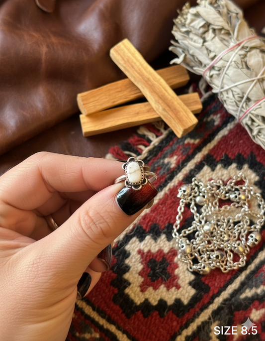 Floral White Buffalo RIng - Size 8.5