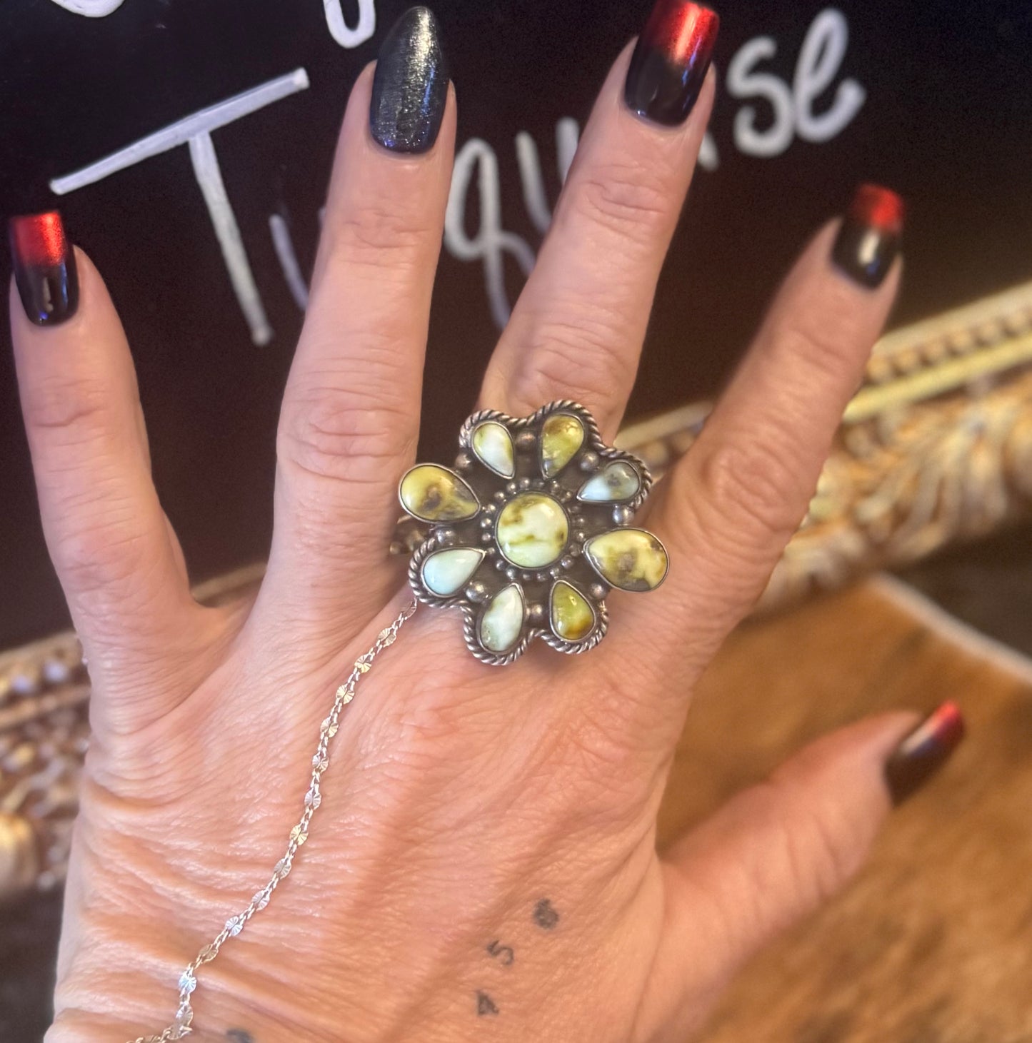 Extra Large Palomino Turquoise Floral Cluster Ring - Adjustable