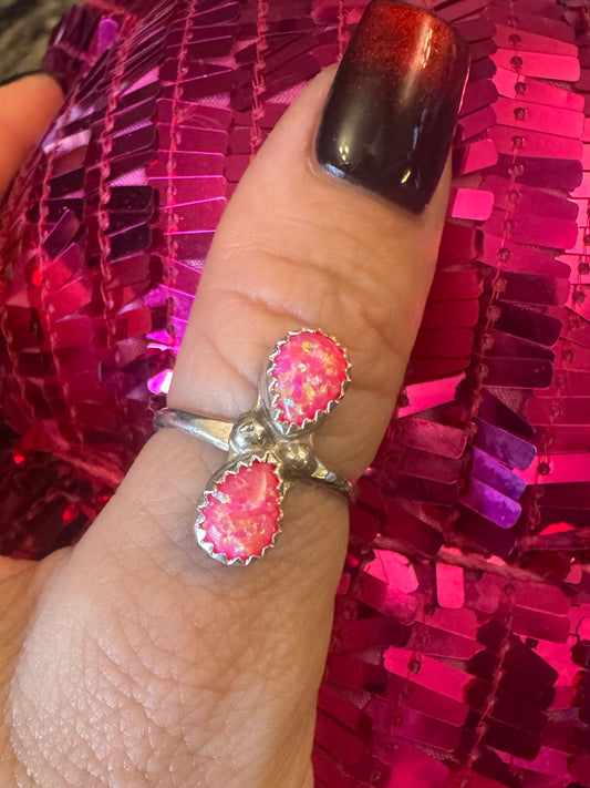 2 Stone Hot Pink Fire Opal Ring - Size 8