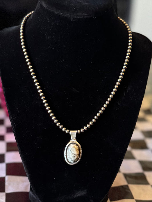 4mm Navajo Pearls with Oval White Buffalo Pendant